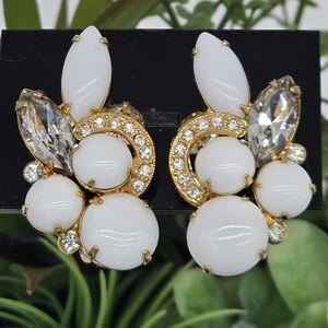 EISENBERG Elegant Gold White Milkglass and rhinestone Earrings Vintage Estate